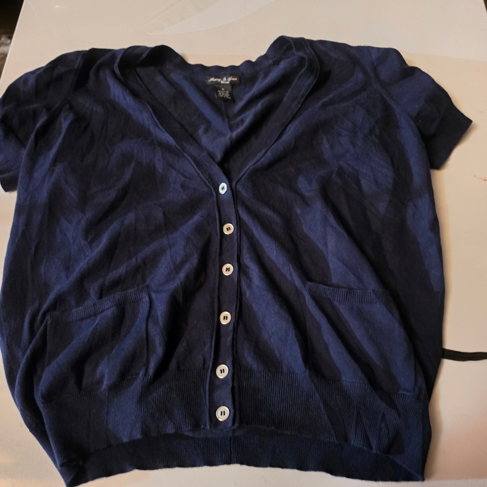 Audrey & Grace Navy Blue Short Sleeve Button Front Cardigan Sweater Plus Size 1X